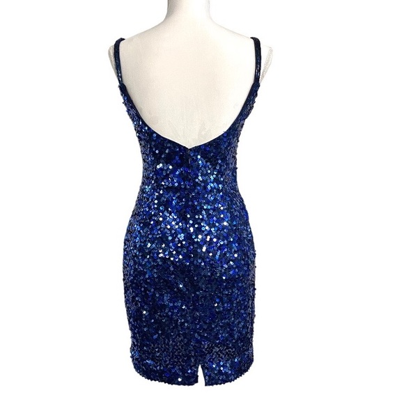 Vintage 90s Blue Sequin Mini Dress 10 Low Back Sleeveless Dopamine Glam Bodycon - Picture 2 of 9
